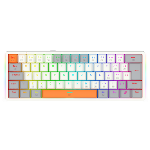 TECLADO MECANICO GAMER AKALI KEYCAPS BRANCO, CINZA E LARANJA RGB SWITCH MARROM
